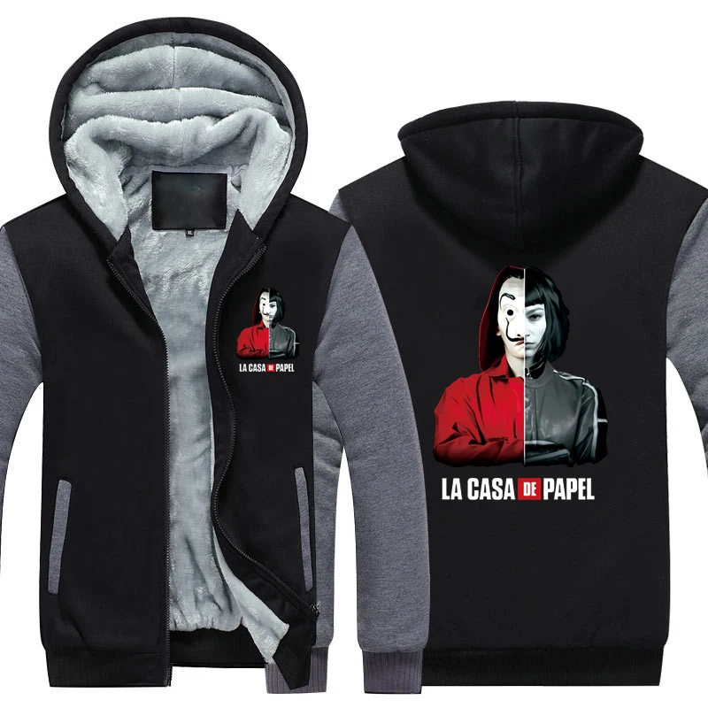 La Casa De Papel утепленная толстовка с капюшоном, пальто Money Heist, теплая толстовка с капюшоном Dali Mask La Casa De Papel, флисовая зимняя толстовка с капюшоном - Цвет: Black Grey2