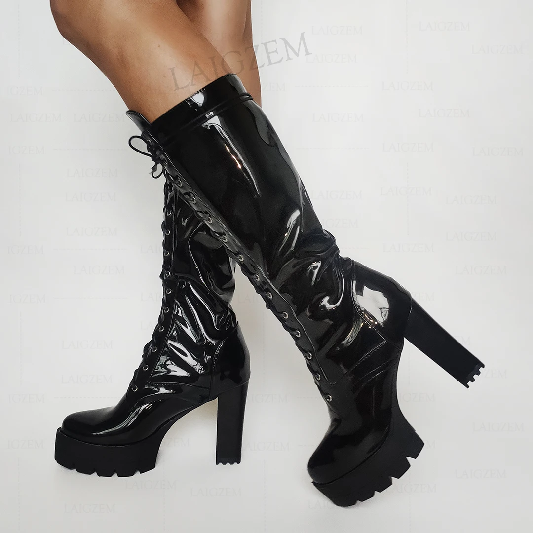 

LAIGZEM SUPER Women Calf High Boots Shiny Lace Up Block Chunky Heels Boots Waterproof Shiny Black Shoes Woman Big Size 39 41 43