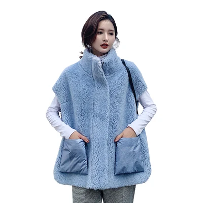 blue Высокое качество, искусственный мех, жилет, пальто, женская мода, бант, карман, меховой жилет, куртка свободного размера плюс, Жилеты для женщин, толстое теплое зимнее пальто - Цвет: blue