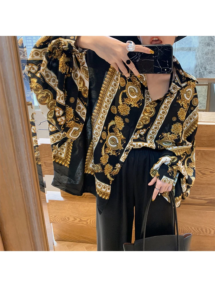 

Women's Shirt Batwing Sleeve Antique Printed Loose Long Sleeve Chiffon Shirt w0152