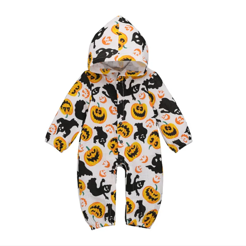 

Halloween Baby Girl clothes Hooded Button pumpkin print casual Romper autumn long sleeve kids Toddler cotton Jumpsuit one pieces