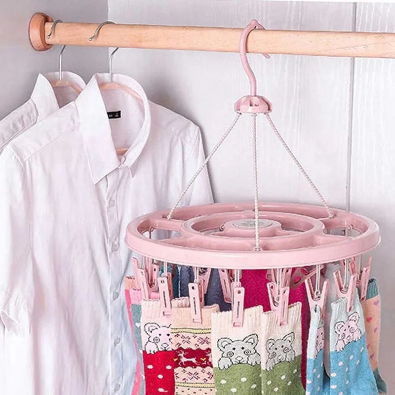 Household Multi-functional Plastic Underwear Drying Rack Round Socks Clip Windproof 24 Clips Drying Rack Hangers Clothespin