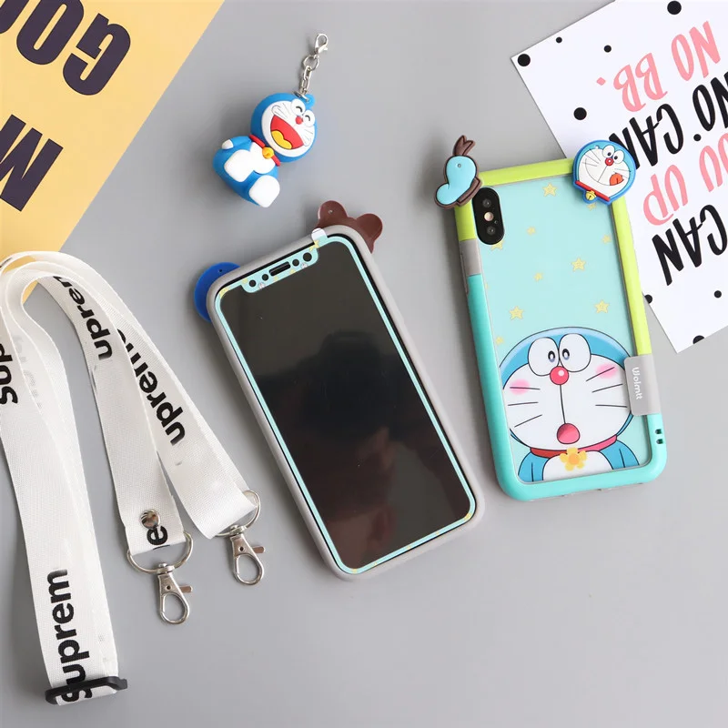 Для iPhone XS max XR X мультфильм Doraemon Закаленное стекло пленка+ бампер для iPhone 8 8plus 6 6SP 7 7P Fudas+ ремешок+ игрушка