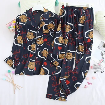

Cartoon Print Pajamas Sets Couple Long Sleeve 2PCS Sleepwear Satin Silky Pyjamas Suit Lovers' Casual Sleep Set Loose Home Wear
