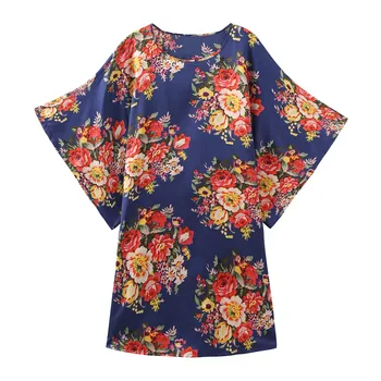 

Young Lady Print Flower Home Dressing Gown Navy Blue Sleepwear Nightgown Short Sleeve Intimate Lingerie Summer Sexy Negligee