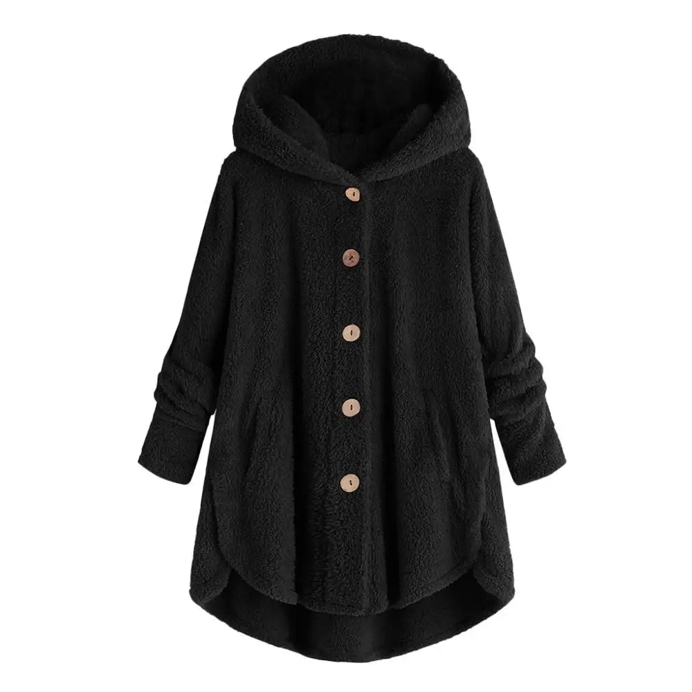 Новинка, тонкая шерстяная смесь, модное женское пальто на пуговицах, пушистый воротник, верхняя одежда, куртка, повседневные топы, пуловер с капюшоном - Цвет: Черный