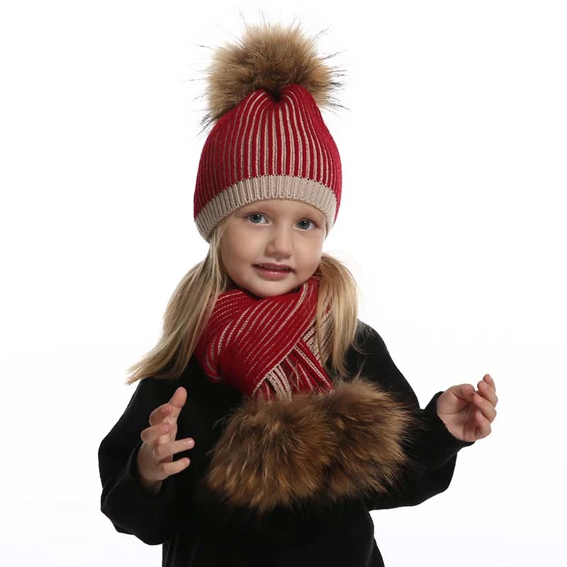 Gorro de invierno para bebé, de piel Real Pompón, conjunto de gorro y bufanda de punto a gorros|Sets de sombreros, bufandas y guantes de niña| - AliExpress