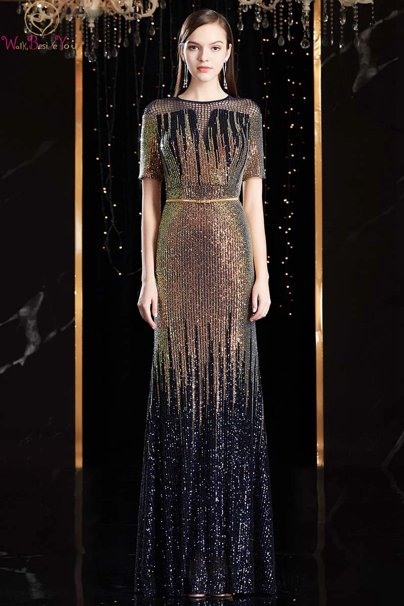 

Black Luxurious Crystal Mermaid Evening Dresses O Neck Short Sleeves Sequined Formal Party Sexy Long Gowns robe de soiree 2019