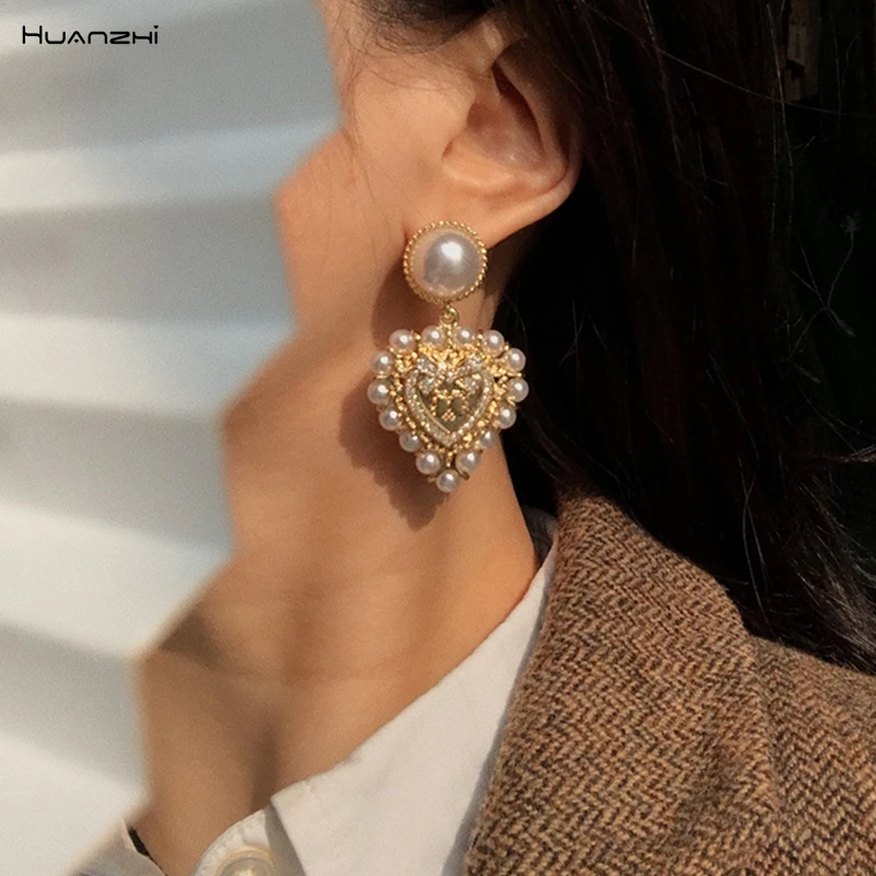 Dangle earrings Pearl earrings Drop earrings Geometric earrings HUANZHI Vintage Baroque Pearl Big Love Heart Drop Earrings Gold Color Metal Geometric For Women Girls Party Travel Jewelry