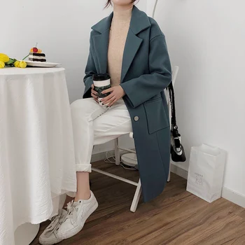 

Wool Blend S-2XL Coat Women Long Sleeve Collar Outwear Long Jacket Korean Casual Autumn Winter Elegant Overcoat Woolen Coat
