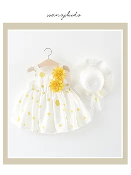 

Summer Dresses Toddler Girl Pure Cotton Sleeveless Dresses Casual O-neck Floral Dress With Free Hat as Gift Fashion Party Dress