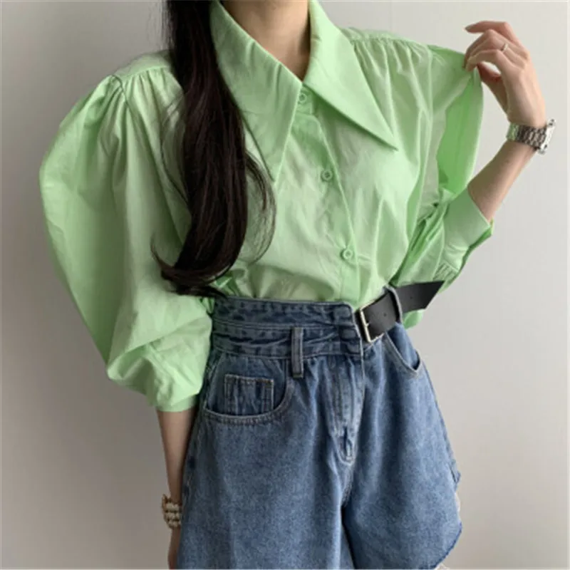 

2020 New Arrivals Frensh Stylish Temperament Blouse Shirt Korean Chic French Green Turn-down Collar Puff Long -sleeved Blusas
