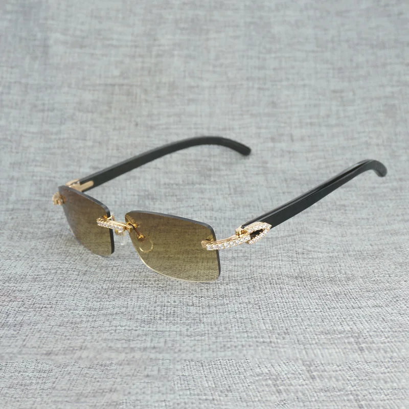 

Vintage Rhinestone Natural Buffalo Horn Rimless Sunglasses Men Wood Square Sun Glasses for Outdoor Shades Oculos Eyewear 012S