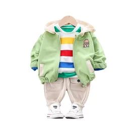 Vêtements de sport en coton pour enfants, nouvelle collection printemps automne pièces/ensembles, dessins animés pour bébés garçons et filles, sweat à capuche rayé, t shirt et pantalon 3 