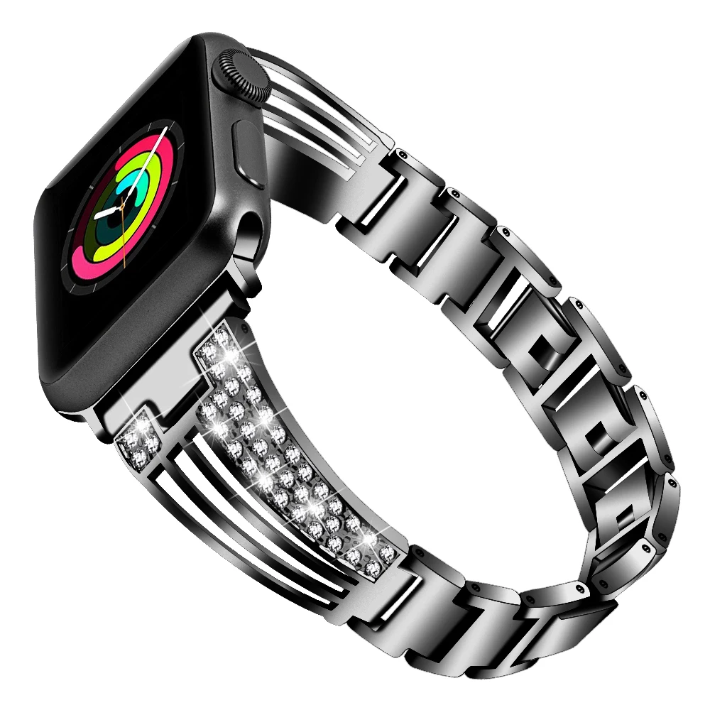 Женские часы со стразами для apple watch 44 мм 42 мм 40 мм 38 мм iwatch ремешок серии 5 4 3 2 1 браслет из нержавеющей стали для iphone - Цвет ремешка: black