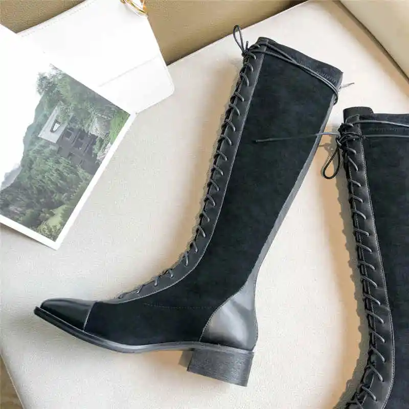ASUMER new arrive genuine leather boots zipper&lace up high knee boots women shoes square low heels winter boots