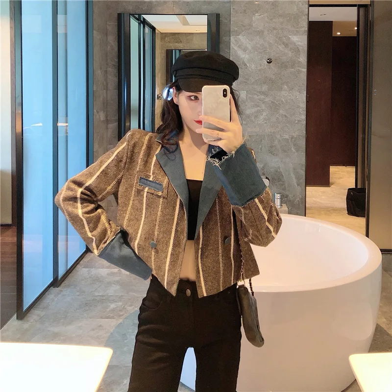 

2019 Autumn New Style Korean-style Retro Contrast Color Stripes Cowboy Joint Tops Versatile Loose-Fit Long Sleeve Cropped Jacket