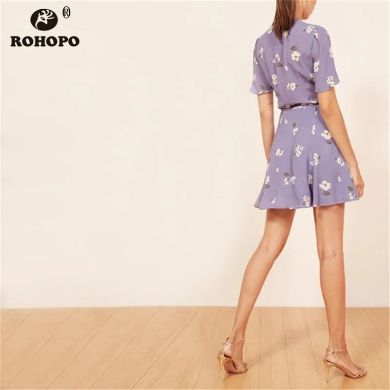 ROHOPO Белое Мини-Платье с ромашками, на шнуровке, с поясом, с рюшами, фиолетовое, элегантное, с рукавом-бабочкой, для девушек, с принтом, Vestido#9127