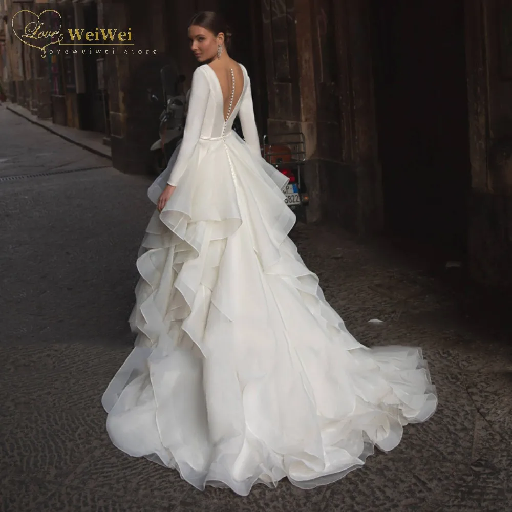 Romantic V-Neck Wedding Dress Princess Long Sleeves Sweep Train Back Button Multi-Layered Ruffles Bridal Gown Vestidos De Novia