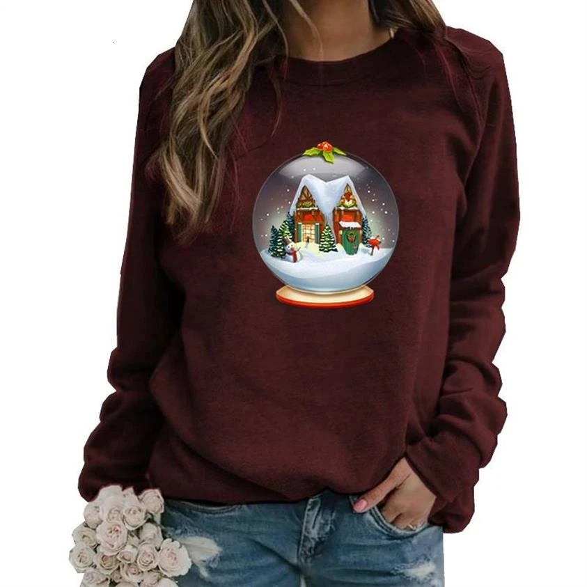 Merry Christmas толстовки с мультяшным принтом для женщин с длинным рукавом и круглым вырезом Женская Толстовка свободного покроя размера плюс 5XL Топы Kawaii милые