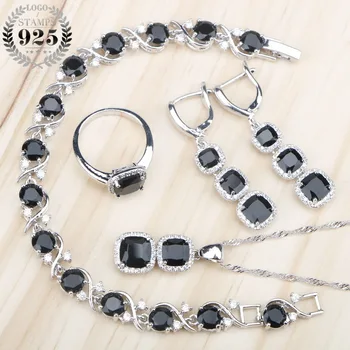

Black Zircon 925 Silver Bridal Jewelry Sets Women Charms Bracelets Necklace Rings Earrings Set With White Rhinestones Gift Box