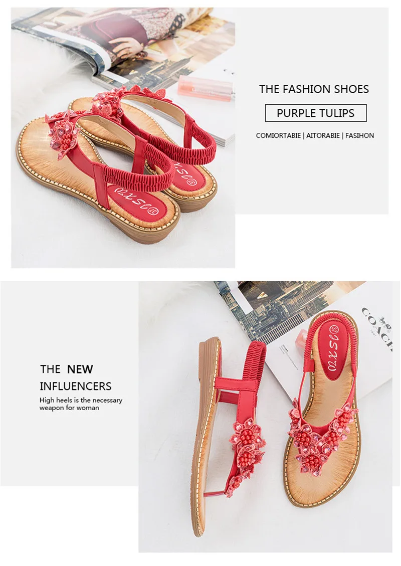 YAERNI Women Sandals New Fashion Bead Flower Round Toe Flip-flop Sandals Female Trend Summer Shoes Woman Plus Size 36-42