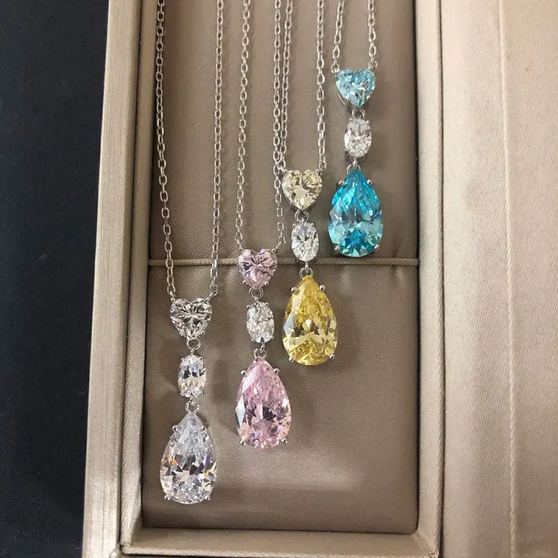 Fashion Pink Yellow AAAAA Zircon Necklaces Pendants For Women Luxury Ladies Necklace Jewelry Pendant For Girls Gift
