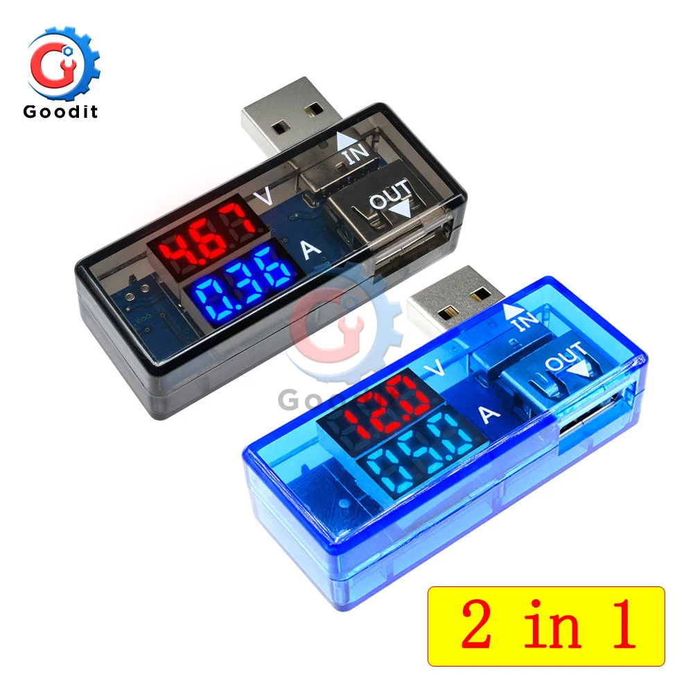 ARCELI USB Detector Current Voltage Tester Meter Red+Blue LED Double Row Display Digital Voltmeter Ammeter Charger Doctor Black 