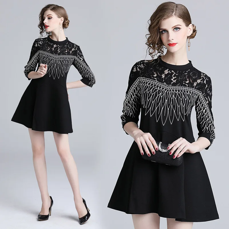 

Ozhouzhan 2018 Autumn Clothing New Style WOMEN'S Dress Europe And America Lace Joint A- line Skirt Three-quarter-length Sleeve E