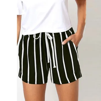 

New Short Women Stripe Printing Pocket High Waist Bandage Easy Elastic Casual Short Pants short feminino spodenki