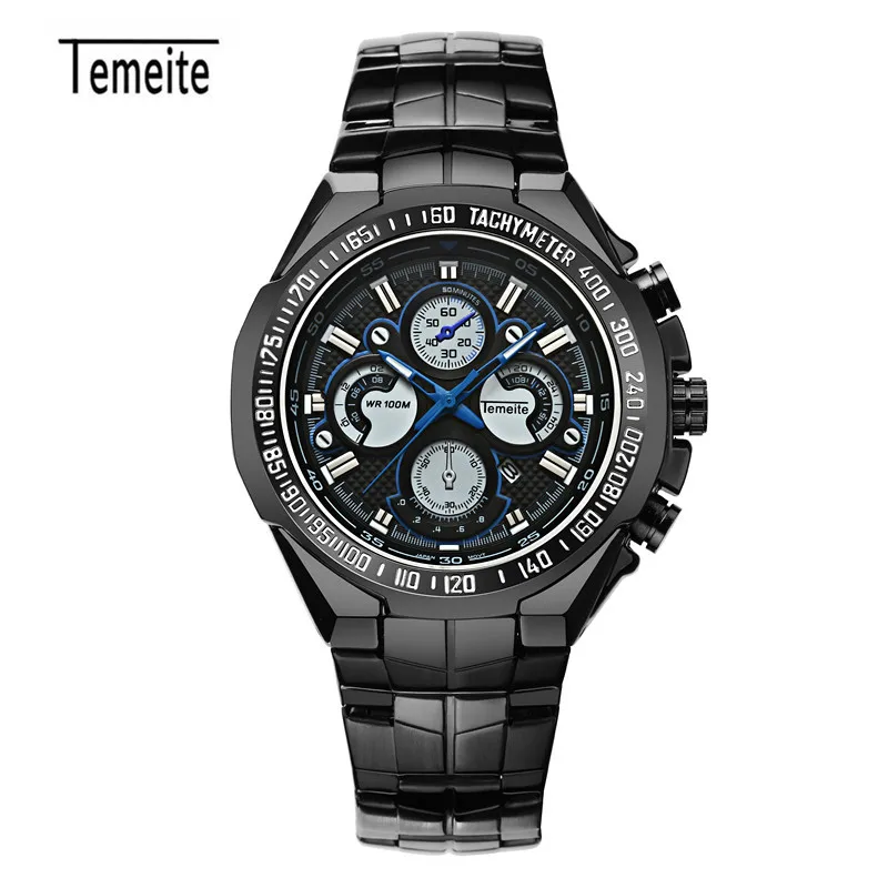 TEMEITE Relogio Masculino брендовые роскошные мужские повседневные спортивные кварцевые часы мужские модные часы с дисплеем даты водонепроницаемые наручные часы - Цвет: black