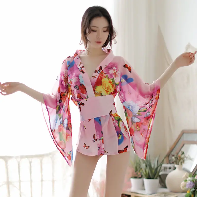 New Sexy Lingerie Women's Corset Sexy Japanese Butterfly Print Kimono Bathrobe Uniform Temptation Suit Costume