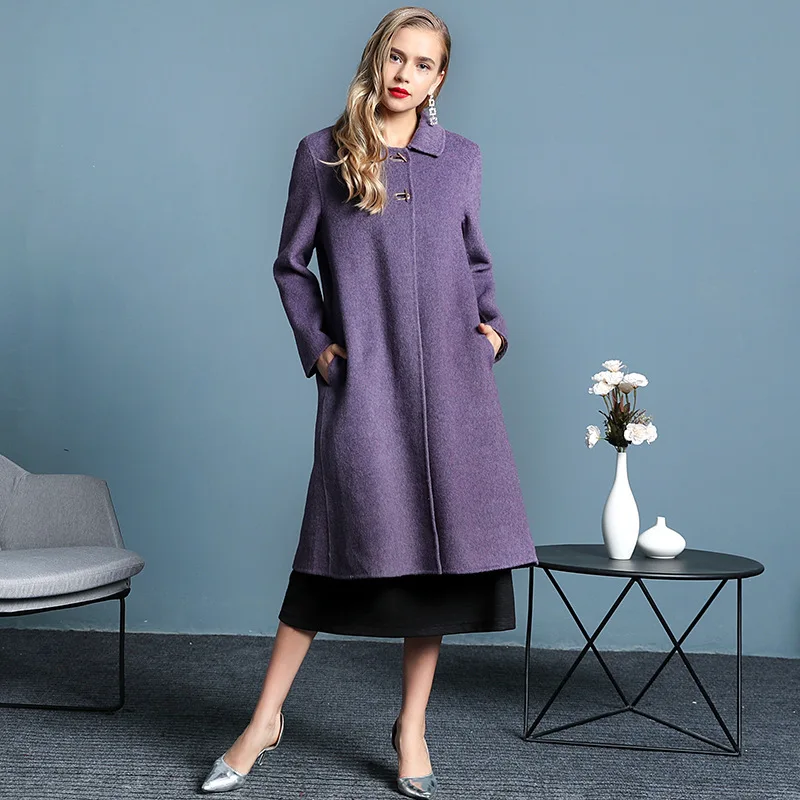 Fashion Solid Color Lapel Long-sleeved Wool Woolen Coat Casual Fashion Loose Women Tide Autumn And Winter New TC913 - Цвет: purple