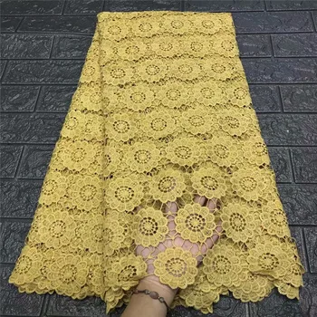 

Newest African Lace Fabric Yellow Nigerian Guipure Cord Lace Fabric With Milk silk Water Soluble Cord Laces For Party yellow