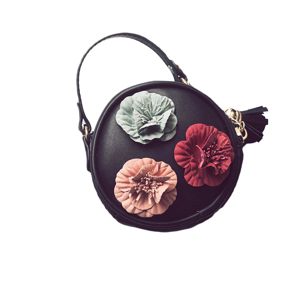 Baybe, кожаная сумка для девочек с круглым цветком, Диагональная Сумка для девочек, сумка на цепочке с кисточкой, милая креативная круглая Цветочная декоративная сумка на плечо - Цвет: Черный