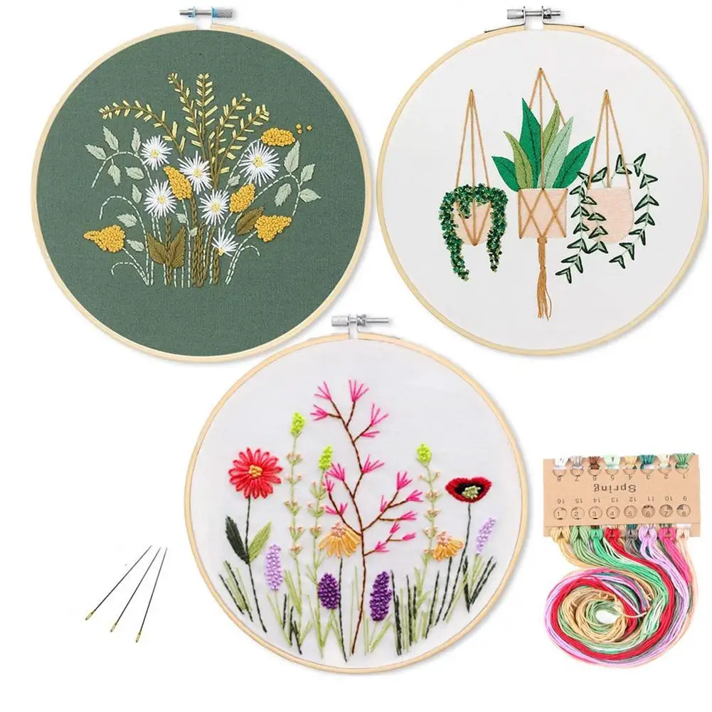 

GloryStar DIY Stamped Embroidery Starter Kit with Flowers Plants Pattern Embroidery Cloth Color Threads Tools Kit