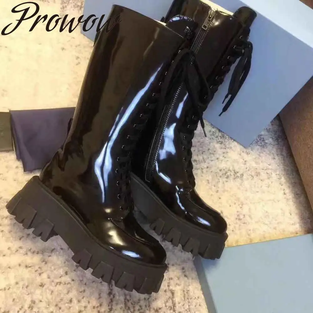 

Prowow New Genuine Leather Gladiator Lace Up Women Motorcycle Boots Round Toe Platform Thick Heel Knee HIgh Runway Boots Shoes