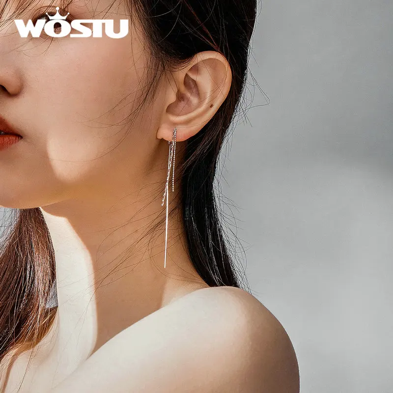 WOSTU подлинные 925 пробы серебряные серьги-нити, серьги для женщин, простые нежные длинные кисточки, модные ювелирные изделия, изготовление BKE790