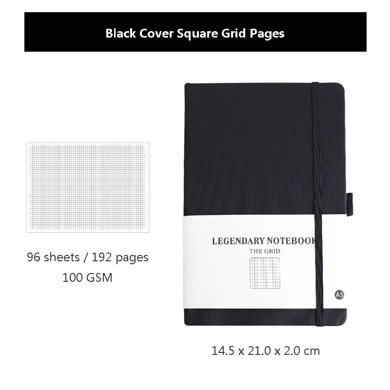 Black-square Классический Блокнот серии черный и красный A5 квадрат/внутренние линии 96 листов/192 страниц 100 GSM Bullet Journal, дневник - Цвет: Black-square