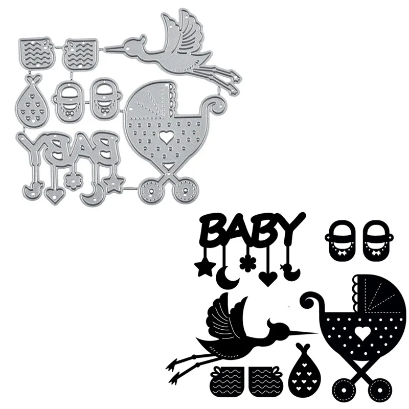 

YaMinSanNiO Metal Cutting Dies 2019 Baby Carriage with Bags and Crane Dies Scrapbooking Album Die Cut Embossing Stencil Decor