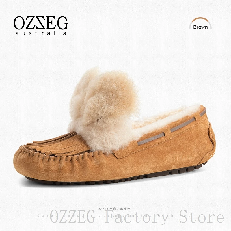 OZZEG/Роскошная брендовая дизайнерская обувь; женские зимние лоферы из натуральной кожи на плоской подошве с австралийским овечьим мехом; женская обувь с кисточками и кроличьими ушками - Цвет: Коричневый