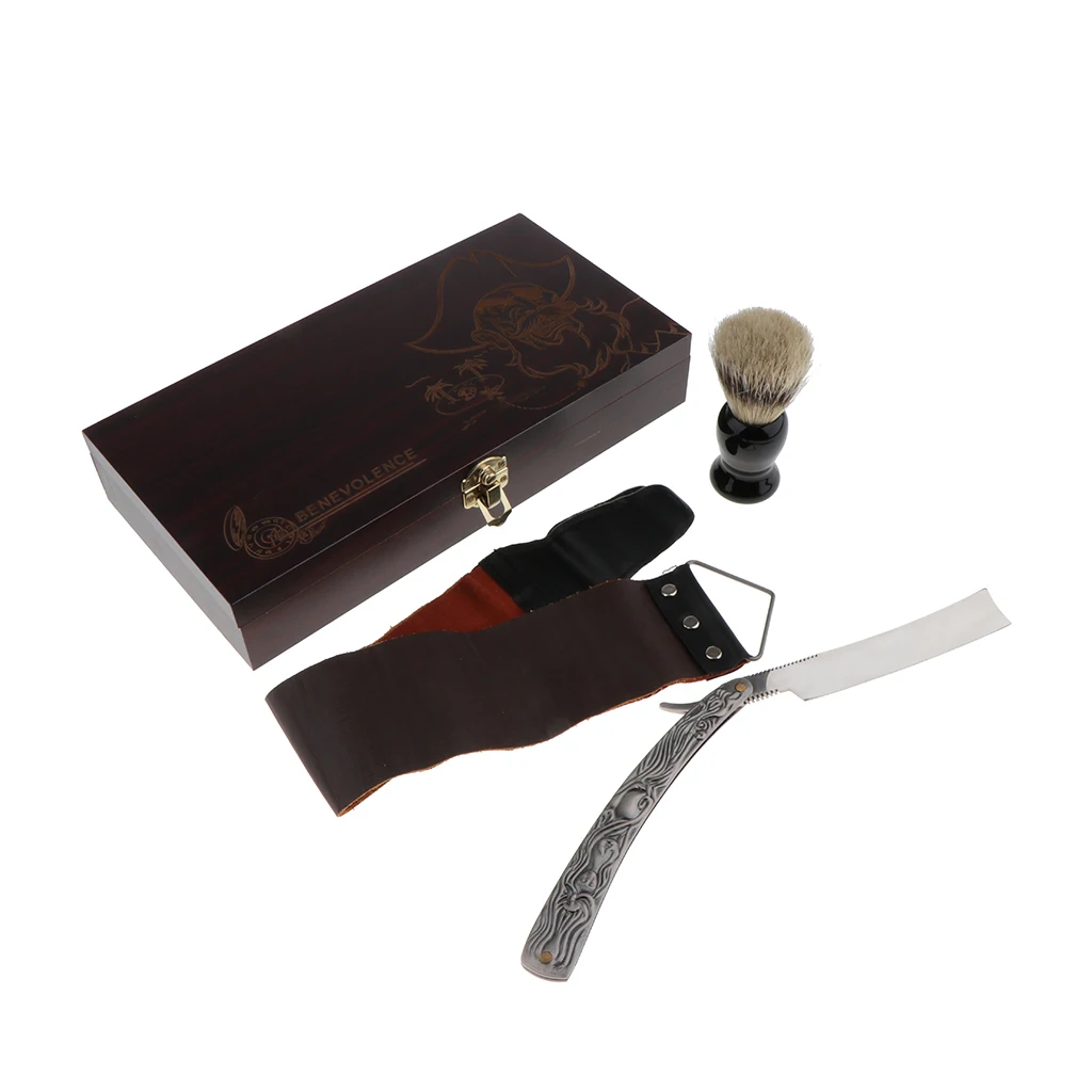Professional Man Face Beard Cleaning Kit Men's Shaving Wooden Box Kit Shave Set Straight Razors Brush Sharpening Strop