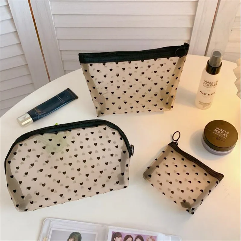 

Heart Printed Mesh Cosmetic Case Makeup Bags Holder Cute Transparent Zipper Black Pencil Pen Case Pouch Convenient To Carry