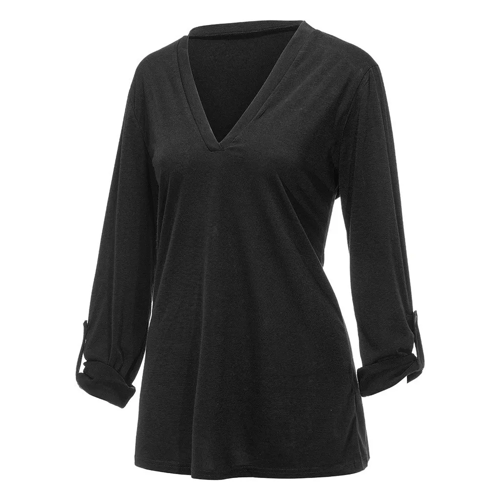 Tshirt Women Fashion 3/4 Roll Sleeve Tops V Neck T-shirt Casual Elegant Camisas Harajuku Camiseta Mujer Top Women T Shirt