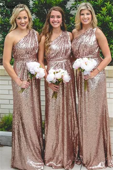 

Favordear One Shoulder Long Sequined Cloth Bridesmaid Dress Vestido Dama De Honra Floor-length Formal Dress Women Elegant 2019