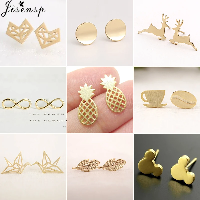 Jisensp Stainless Steel Mickey Earings Minimalist Jewelry for Women Small Birds Fox Leaf Stud Earrings Animal Accessories Gifts