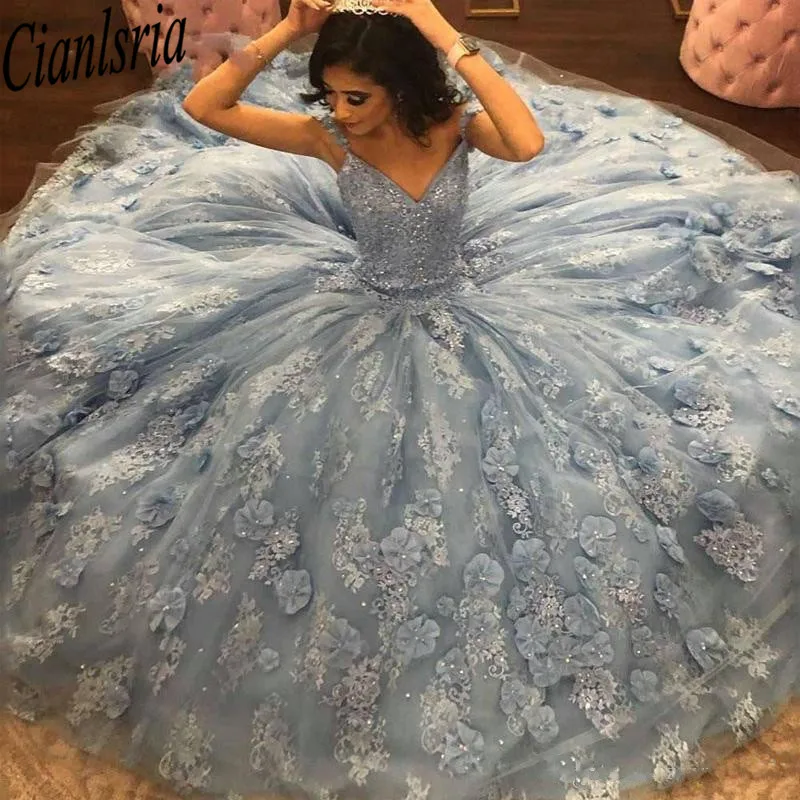

High-end Custom vestido de 15 aÃ±os 2020 Light Sky Blue Quinceanera Dresses Sweet 16 Dress Lace Applique vestidos de xv aÃ±os