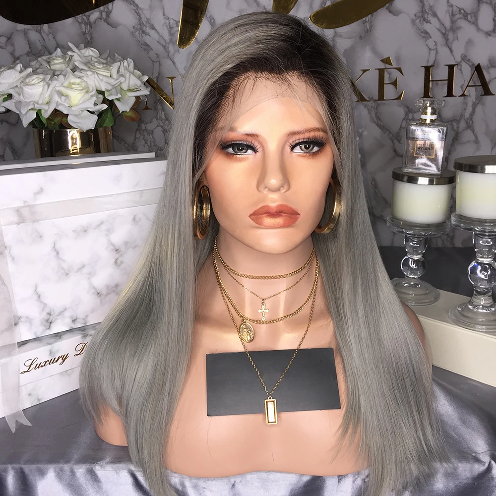 

Glueless Silky Straight Synthetic Lace Front Wig For Women Ombre Gray Long Hair Heat Resistant Fiber Synthetic Wig Cosplay Wigs
