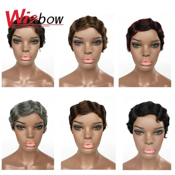 

Short Ocean Wave Human Hair Wigs For Women Peruvian Wavy Pixie Cut Remy Human Hair Finger Wave Ombre Colors Wigs For Black Women