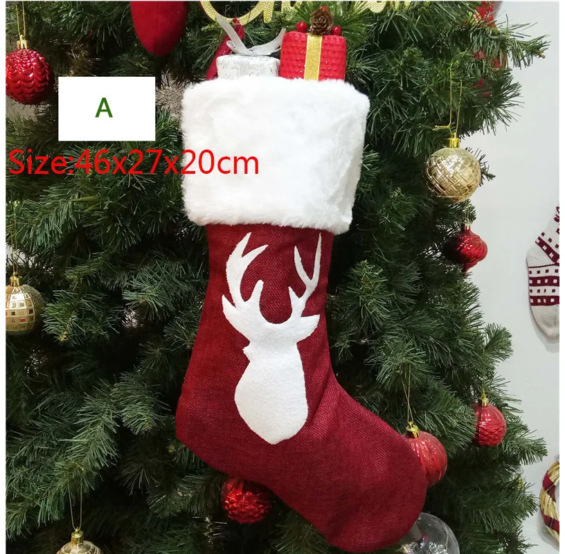 1Pcs 46x27x20cm Тканевые рождественские носки с подвеской, Рождественская елка, лось, снежинка, орнамент, Рождественские узоры, принт, вечерние украшения для дома, подарочный пакет - Цвет: 1Pcs 46x27x20cm